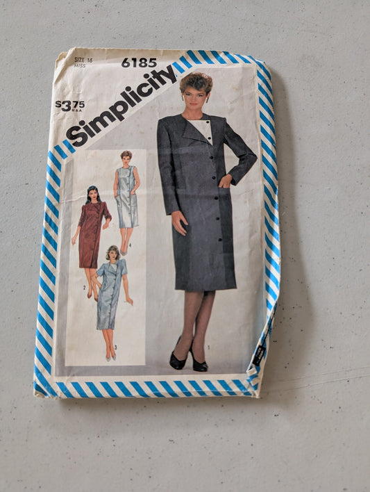 Coat Dress 12 Simplicity 6185 Sewing Pattern UC VTG 80s Button Up Pockets Midi(Sewing Pattern Vintage)