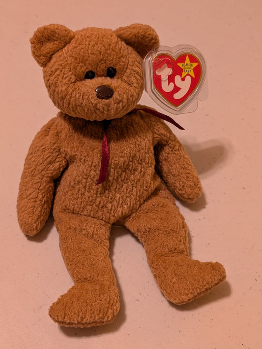 CURLY THE BEAR - TY BEANIE BABY (BROWN, 1996, PLUSH TOY, STUFFED ANIMAL, MWMT, VINTAGE, RETIRED)
