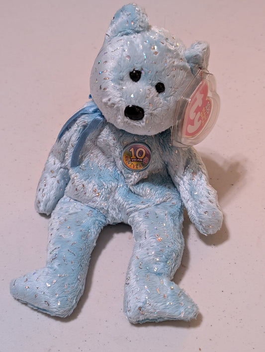 10th Anniversary Sapphire the Bear - Ty Beanie Baby (Light Blue, 2003, Plush Toy, Stuffed Animal, MWMT, Vintage, Retired)