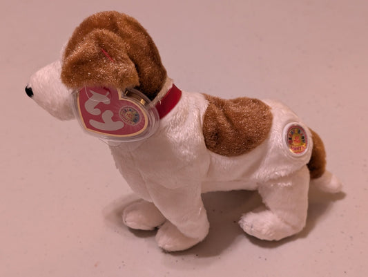 BEAMER THE DOG - TY BEANIE BABY (WHITE & BROWN, 2008, PLUSH TOY, STUFFED ANIMAL, MWMT, VINTAGE, RETIRED)