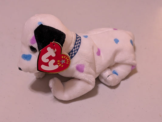 DIZZY THE DOG - TY BEANIE BABY (WHITE & MULTICOLOR, 1995, PLUSH TOY, STUFFED ANIMAL, MWMT, VINTAGE, RETIRED)