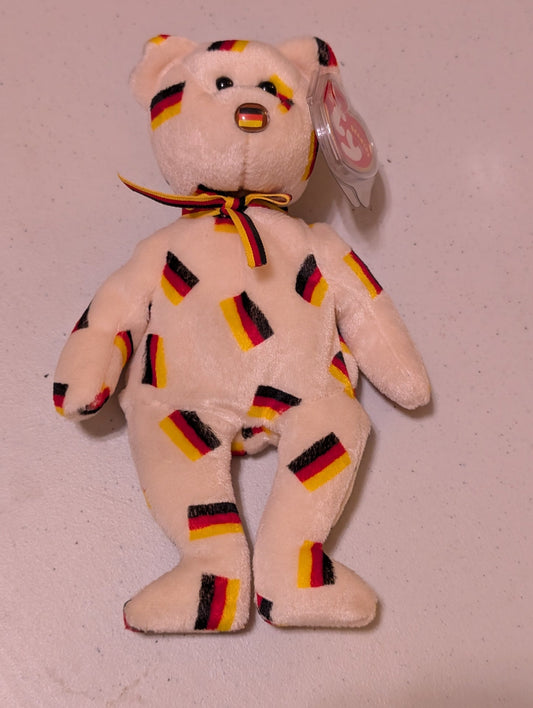 DEUTSCHLAND THE BEAR - TY BEANIE BABY (WHITE & GERMAN FLAG, 2003, PLUSH TOY, STUFFED ANIMAL, MWMT, VINTAGE, RETIRED)