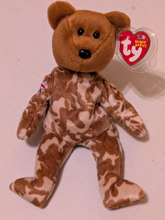 Trooper the Bear - Ty Beanie Baby (Tan Camouflage, 2002, Plush Toy, Stuffed Animal, MWMT, Vintage, Retired)