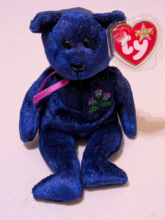 THISTLE THE BEAR - TY BEANIE BABY (BLUE, 2002, PLUSH TOY, STUFFED ANIMAL, MWMT, VINTAGE, RETIRED)