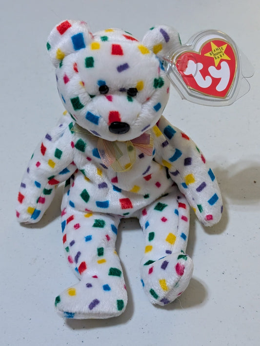 TY 2K THE BEAR - TY BEANIE BABY (WHITE, CONFETTI, 2000, PLUSH TOY, MWMT, STUFFED ANIMAL, VINTAGE, RETIRED, PLUSHIE)