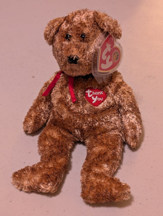 THANK YOU THE BEAR - TY BEANIE BABY (BROWN, RED, 2002, PLUSH TOY, MWMT, STUFFED ANIMAL, VINTAGE, RETIRED, PLUSHIE)