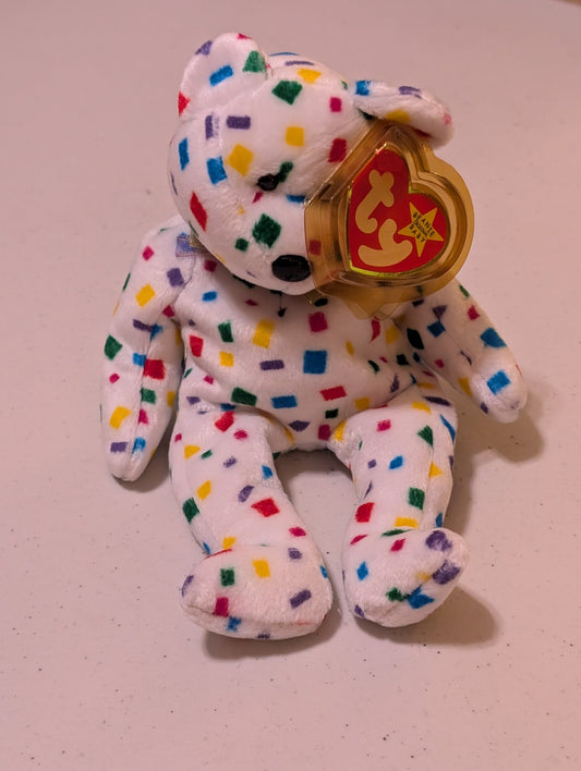 TY 2K THE BEAR - TY BEANIE BABY (WHITE, CONFETTI, 2000, PLUSH, TOY, MWMT, STUFFED ANIMAL, VINTAGE, RETIRED, PLUSHIE)