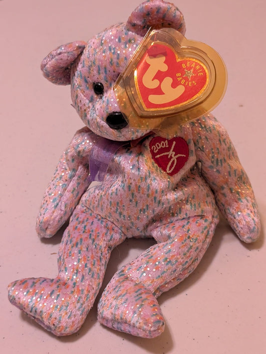 2001 SIGNATURE BEAR THE BEAR - TY BEANIE BABY (PINK, CONFETTI, 2001, PLUSH TOY, MWMT, STUFFED ANIMAL, VINTAGE, RETIRED, PLUSHIE)