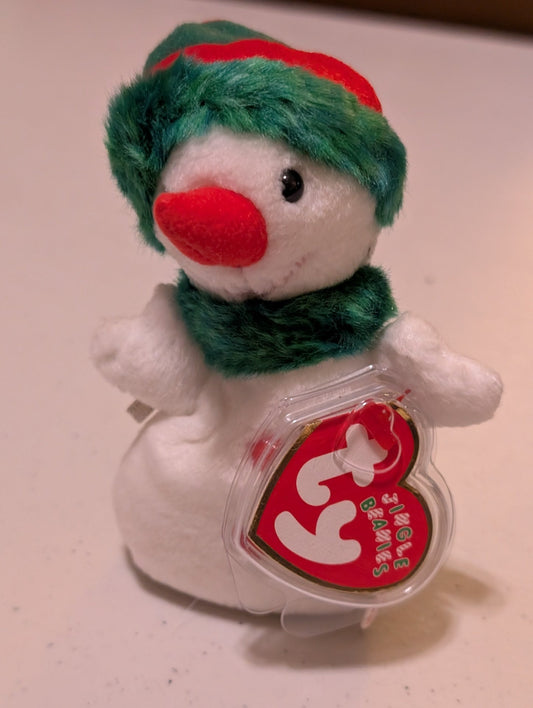 SNOWBALL THE SNOWMAN - TY JINGLE BEANIE (WHITE, RED, GREEN, 2001, PLUSH TOY, MWMT, STUFFED ANIMAL, VINTAGE, RETIRED, PLUSHIE)