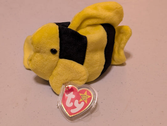 BUBBLES THE FISH - TY BEANIE BABY (YELLOW, BLACK, 1995, PLUSH TOY, MWMT, STUFFED ANIMAL, VINTAGE, RETIRED, PLUSHIE)