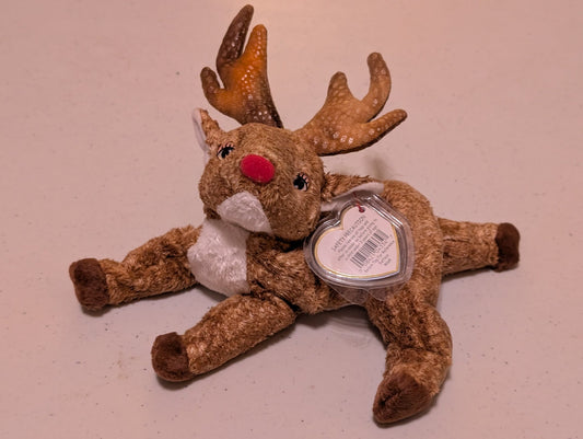RUDOLPH THE REINDEER - TY BEANIE BABY (BROWN, WHITE, 1998, PLUSH TOY, MWMT, STUFFED ANIMAL, VINTAGE, RETIRED, PLUSHIE)