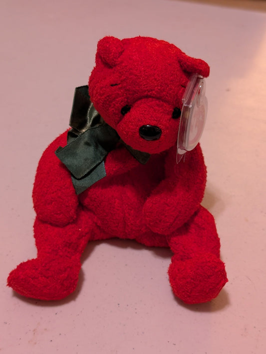Teddy (Cranberry) the Bear - Ty Beanie Baby (Red, Green, 1993, Plush Toy, MWMT, Stuffed Animal, Vintage, Retired, Plushie)