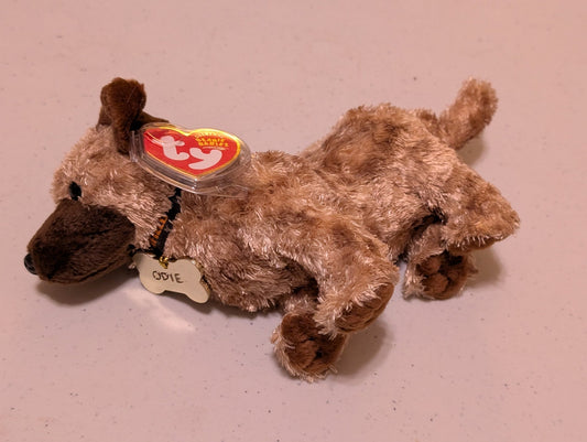 ODIE THE DOG - TY BEANIE BABY (LIGHT BROWN, DARK BROWN, 2004, PLUSH, TOY, MWMT, STUFFED ANIMAL, VINTAGE, RETIRED, PLUSHIE)