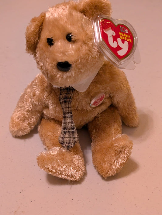 CLASSY THE BEAR - TY BEANIE BABY (TAN, PLAID, 2002, PLUSH TOY, MWMT, STUFFED ANIMAL, VINTAGE, RETIRED, PLUSHIE)