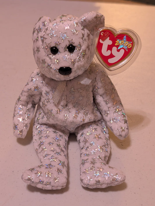 THE BEGINNING THE BEAR - TY BEANIE BABY (WHITE, SILVER, 2000, PLUSH TOY, MWMT, STUFFED ANIMAL, VINTAGE, RETIRED, PLUSHIE)