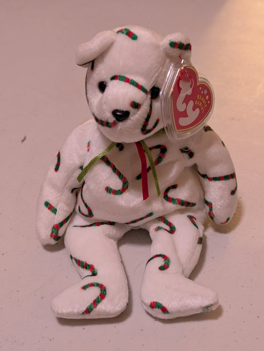 CANDY CANE THE BEAR - TY BEANIE BABY (WHITE, RED, GREEN, 2002, PLUSH TOY, MWMT, STUFFED ANIMAL, VINTAGE, RETIRED, PLUSHIE)