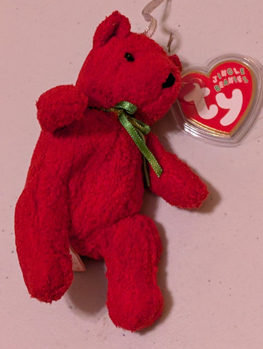 Teddy the Bear - Ty Jingle Beanie (Red, Green, 1999, Plush, Toy, Stuffed Animal, MWMT, Vintage, Retired)