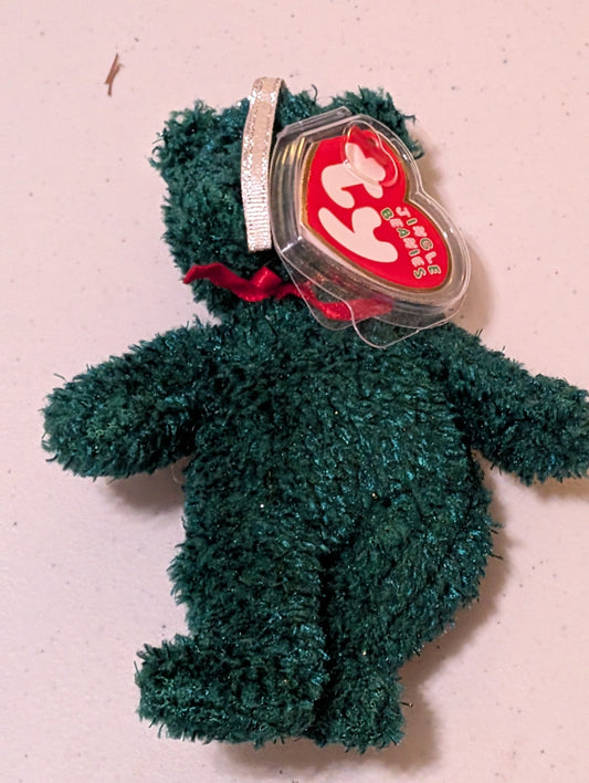 Teddy the Bear - Ty Jingle Beanie (Green, Red, 2000, Plush, Toy, Stuffed Animal, MWMT, Vintage, Retired)
