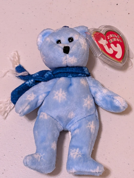Snowdrift the Bear - Ty Jingle Beanie (Light Blue, Dark Blue, 2002, Plush, Toy, Stuffed Animal, MWMT, Vintage, Retired)