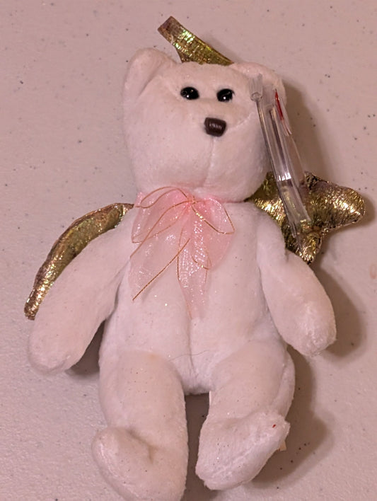 ANGEL THE BEAR - TY JINGLE BEANIE BABY (WHITE, GOLD, PINK, 2000, PLUSH TOY, STUFFED ANIMAL, MWMT, VINTAGE, RETIRED)