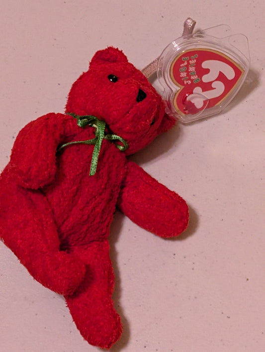 Teddy the Bear - Ty Jingle Beanie (Red, Green, 1999, Plush Toy, Stuffed Animal, MWMT, Vintage, Retired)