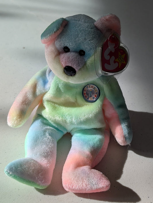 Birthday the Bear - Ty Beanie Baby (Pastel, 2001, Plushie, Toy, Stuffed Animal, MWMT, Vintage, Retired)