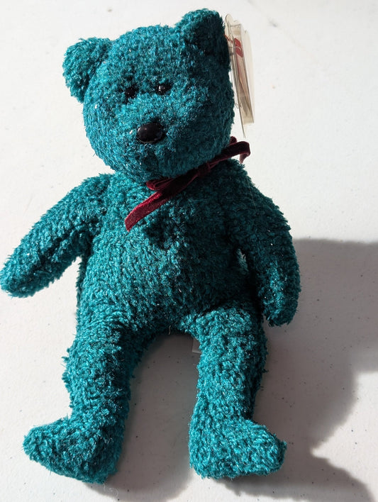 TINSEL THE BEAR - TY BEANIE BABY (TEAL, 2002, PLUSHIE, TOY, STUFFED ANIMAL, MWMT, VINTAGE, RETIRED)