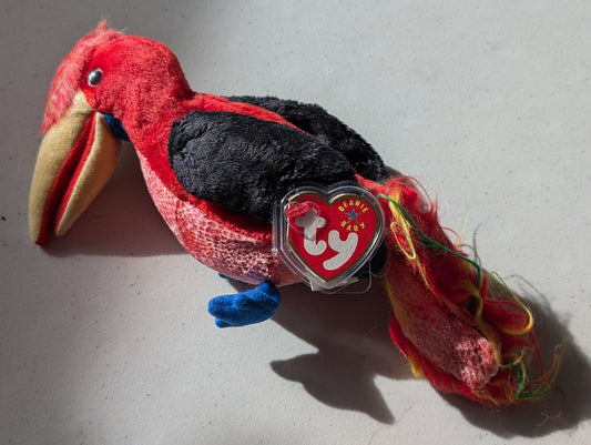 JABBER THE PARROT - TY BEANIE BABY (RED, BLACK, 1997, PLUSHIE, TOY, STUFFED ANIMAL, MWMT, VINTAGE, RETIRED)