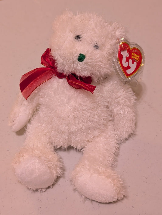2000 HOLIDAY TEDDY THE BEAR - TY BEANIE BABY (WHITE, 2000, PLUSHIE, TOY, STUFFED ANIMAL, MWMT, VINTAGE, RETIRED)