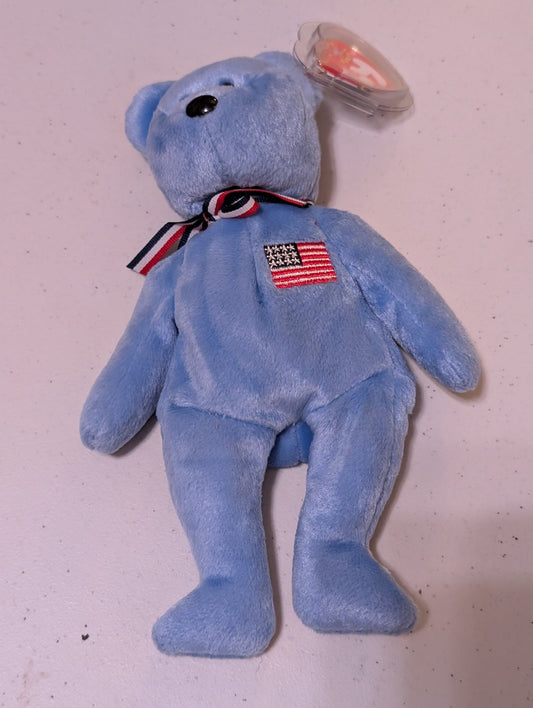 America the Bear - Ty Beanie Baby (Blue, 2001, MWMT, Plush, Toy, Stuffed Animal, Vintage, Retired)