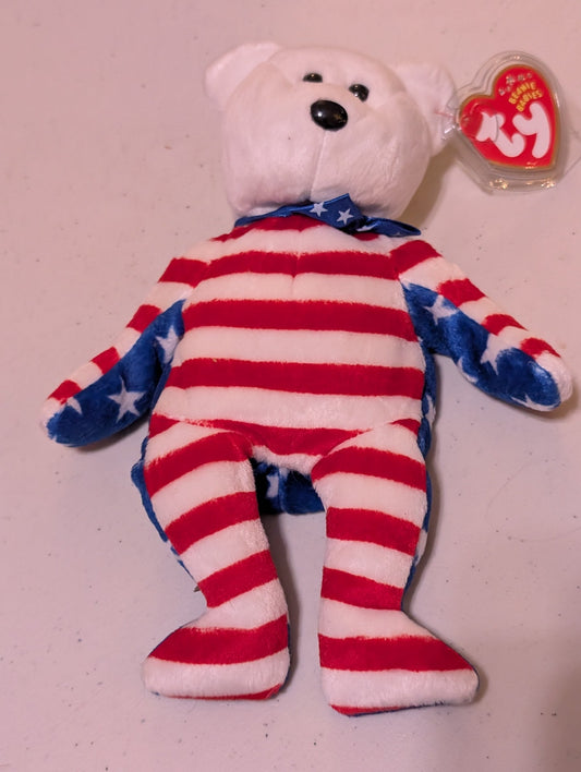 STRIPES THE BEAR - TY BEANIE BABY (RED, WHITE, BLUE, 1999, MWMT, PLUSH, TOY, STUFFED ANIMAL, VINTAGE, RETIRED)