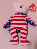 STRIPES THE BEAR - TY BEANIE BABY (RED, WHITE, BLUE, 1999, MWMT, PLUSH, TOY, STUFFED ANIMAL, VINTAGE, RETIRED)