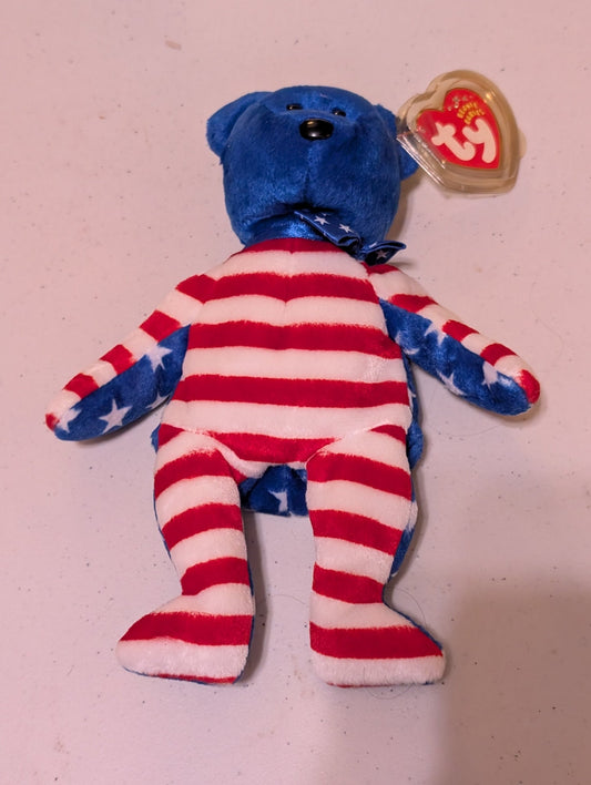 STRIPES THE BEAR - TY BEANIE BABY (RED, WHITE, BLUE, 1999, MWMT, PLUSH TOY, STUFFED ANIMAL, VINTAGE, RETIRED)