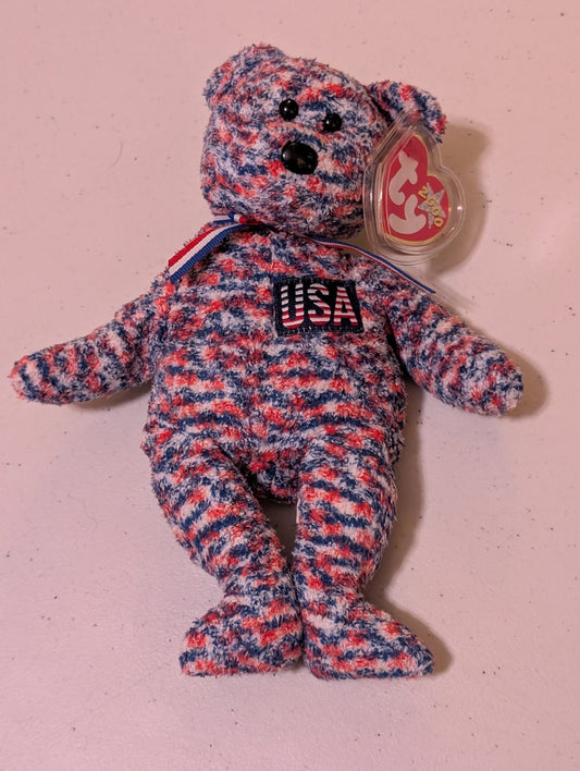 USA THE BEAR - TY BEANIE BABY (RED, WHITE, BLUE, 2002, MWMT, PLUSH, TOY, STUFFED ANIMAL, VINTAGE, RETIRED)