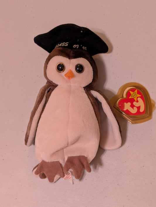 WISE THE OWL - TY BEANIE BABY (BROWN, WHITE, 1998, MWMT, PLUSH, TOY, STUFFED ANIMAL, VINTAGE, RETIRED)