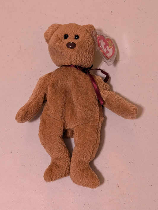 Curly the Bear - Ty Beanie Baby (Brown, 1996, MWMT, Plush Toy, Stuffed Animal, Vintage, Retired)