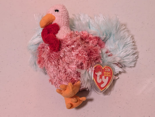 PRETTY THE TURKEY - TY BEANIE BABY (PINK, BLUE, 2003, VINTAGE, MWMT, PLUSH TOY, STUFFED ANIMAL, RETIRED)