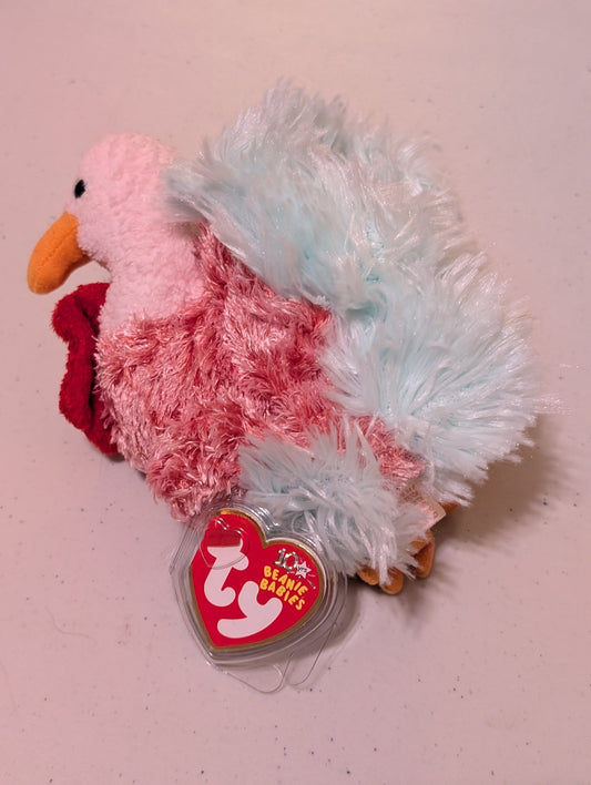 PRETTY THE TURKEY - TY BEANIE BABY (PINK, BLUE, 2003, VINTAGE, MWMT, PLUSH, TOY STUFFED ANIMAL, RETIRED)