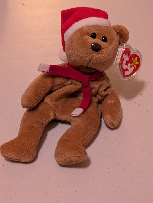 1997 HOLIDAY TEDDY THE BEAR - TY BEANIE BABY (BROWN, RED, GREEN, 1997, VINTAGE, MWMT, PLUSH, TOY, STUFFED ANIMAL, RETIRED)