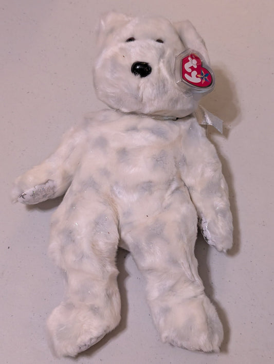 THE BEGINNING BEAR TY BEANIE BUDDY 14” SPARKLES WHITE W/SILVER STARS (MWMT, VINTAGE, RETIRED, WITH TAG, VTG, STUFFED ANIMAL, PLUSH, TOY)