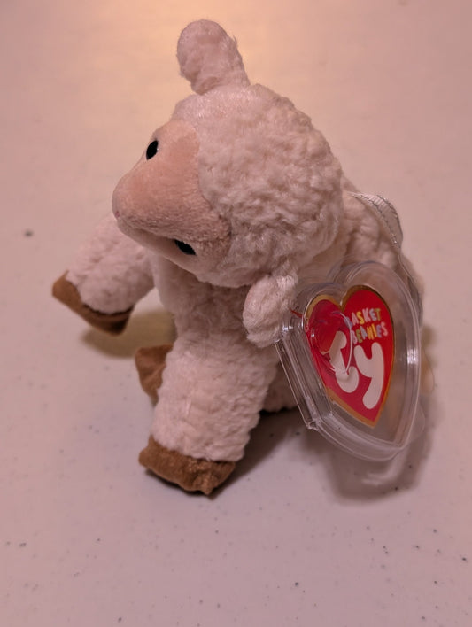 SPRINGY THE LAMB - TY BASKET BEANIE (WHITE, BROWN, 2001, PLUSH TOY, STUFFED ANIMAL, MWMT, VINTAGE, RETIRED)