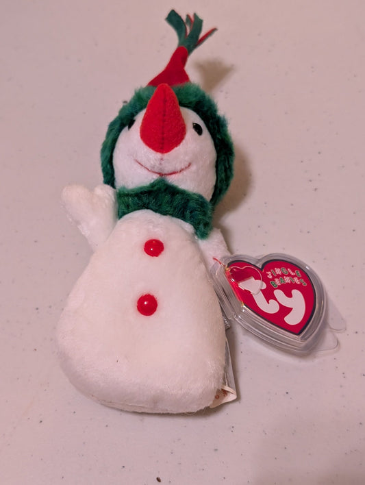 MEL THE SNOWMAN - TY JINGLE BEANIE (WHITE, GREEN, RED, 2000, PLUSH TOY, STUFFED ANIMAL, MWMT, VINTAGE, RETIRED)