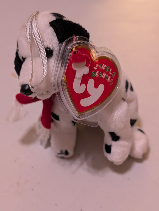 SPOT THE DOG - TY JINGLE BEANIE (WHITE, BLACK, RED, 2001, PLUSH, TOY, STUFFED ANIMAL, MWMT, VINTAGE, RETIRED)