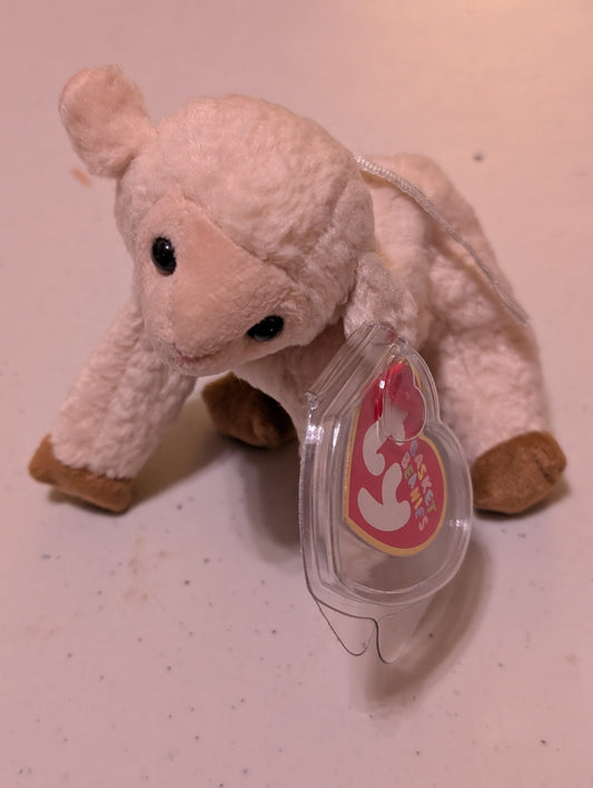 SPRINGY THE LAMB - TY BASKET BEANIE (WHITE, BROWN, 2001, PLUSH, TOY, STUFFED ANIMAL, MWMT, VINTAGE, RETIRED)
