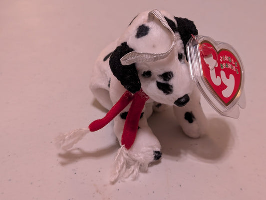 SPOT THE DOG - TY JINGLE BEANIE (WHITE, BLACK, RED, 2001, PLUSH TOY, STUFFED ANIMAL, MWMT, VINTAGE, RETIRED)