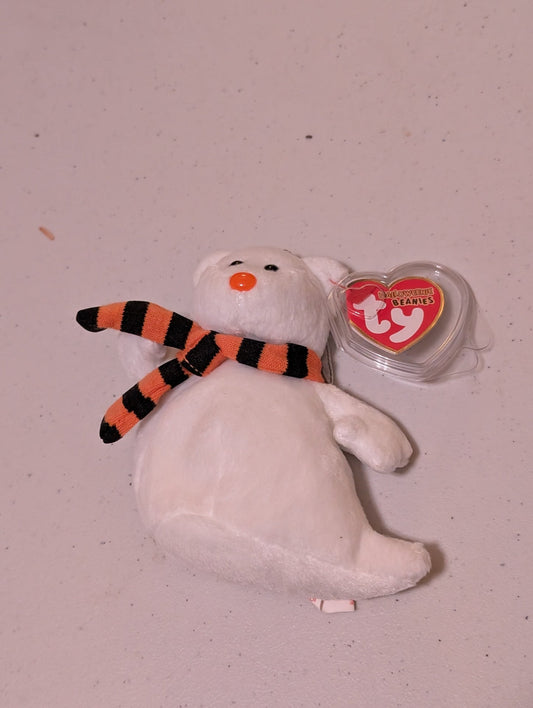 GHOUL THE GHOST - TY HALLOWEENIE BEANIE (WHITE, ORANGE, BLACK, 2002, PLUSH TOY, STUFFED ANIMAL, MWMT, VINTAGE, RETIRED)
