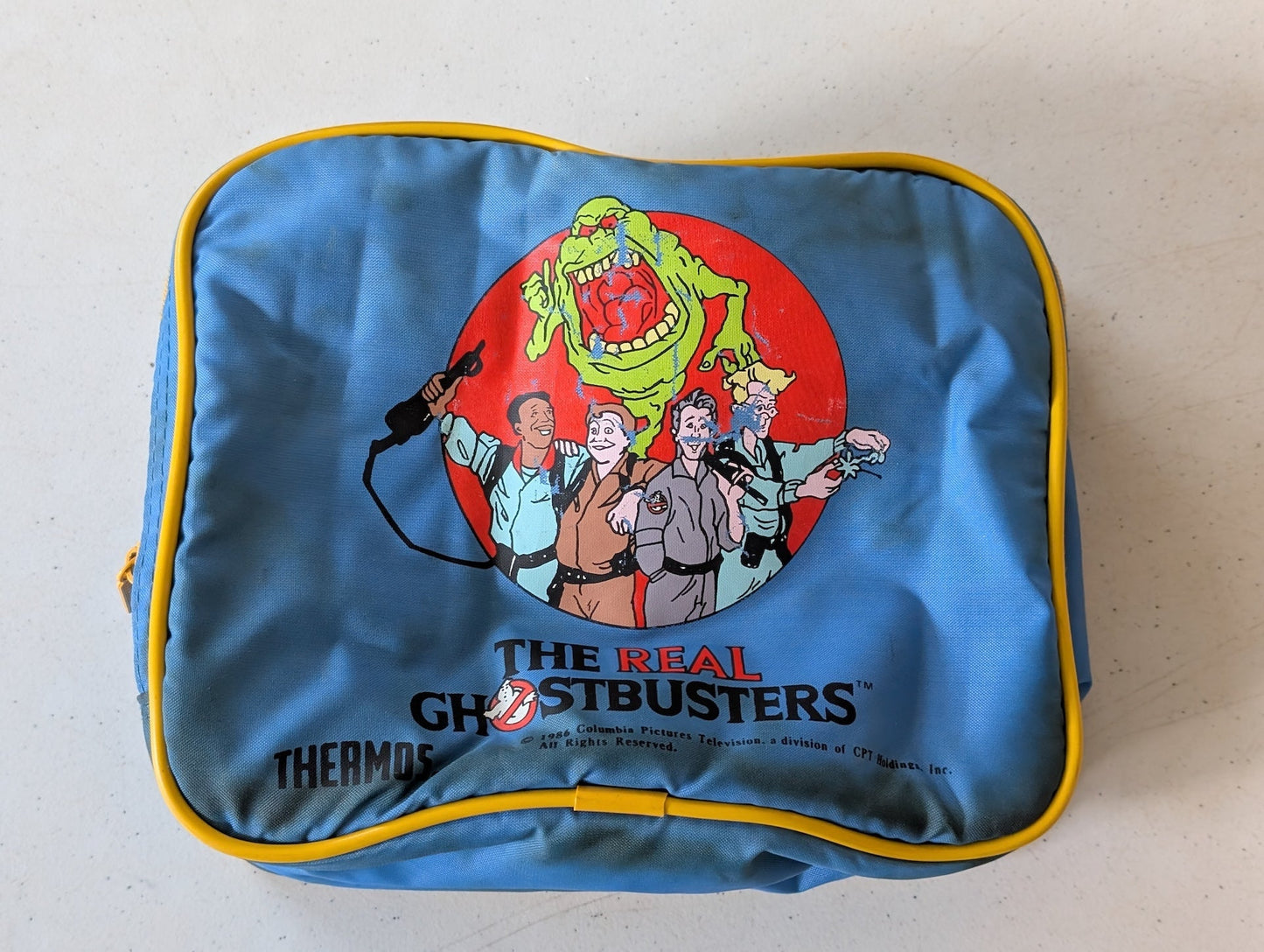 THE REAL GHOSTBUSTERS LUNCH BAG, 1980S THERMOS BRAND, SOFT SIDE TURQUOISE NYLON FABRIC, KIDS CARTOON(VINTAGE, COLLECTABLE, NOSTALGIA, TOY)