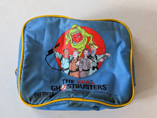 THE REAL GHOSTBUSTERS LUNCH BAG, 1980S THERMOS BRAND, SOFT SIDE TURQUOISE NYLON FABRIC, KIDS CARTOON(VINTAGE, COLLECTABLE, NOSTALGIA, TOY)