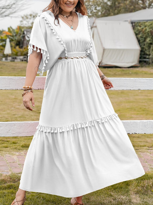 TASSEL SMOCKED V-NECK HALF SLEEVE DRESS-Thriftique Marketplace