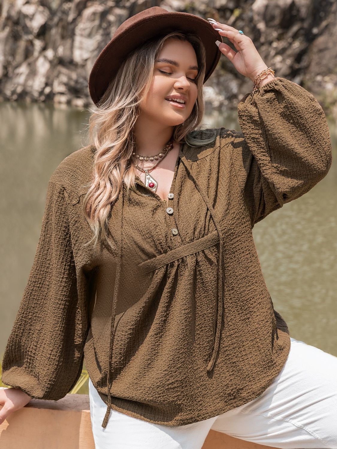 TIE NECK LONG SLEEVE BLOUSE-Thriftique Marketplace